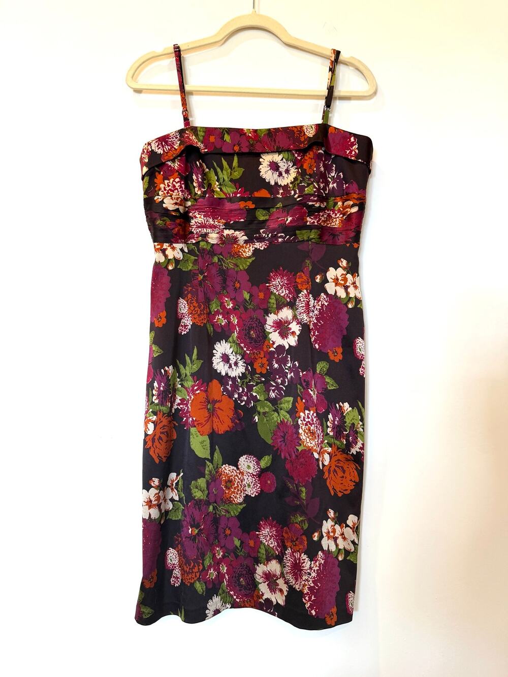 Vtg Laundry Shelli Segal Stretch Satin Silk Mini Dress 8 burgundy Brown Floral